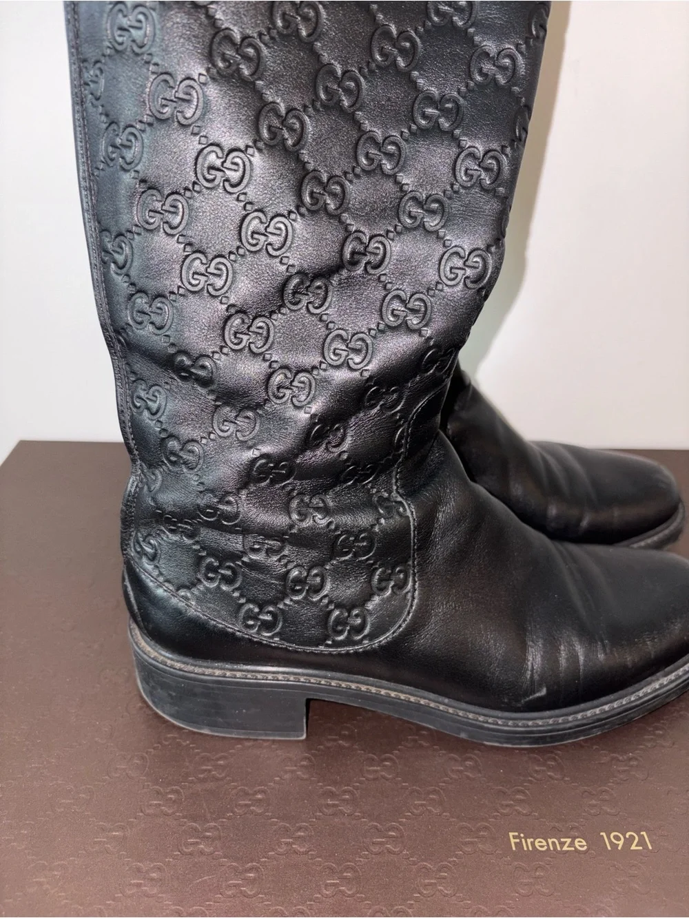 of Gucci Black Guccissima Soft Leather Knee-High Riding Boots Embossed GG